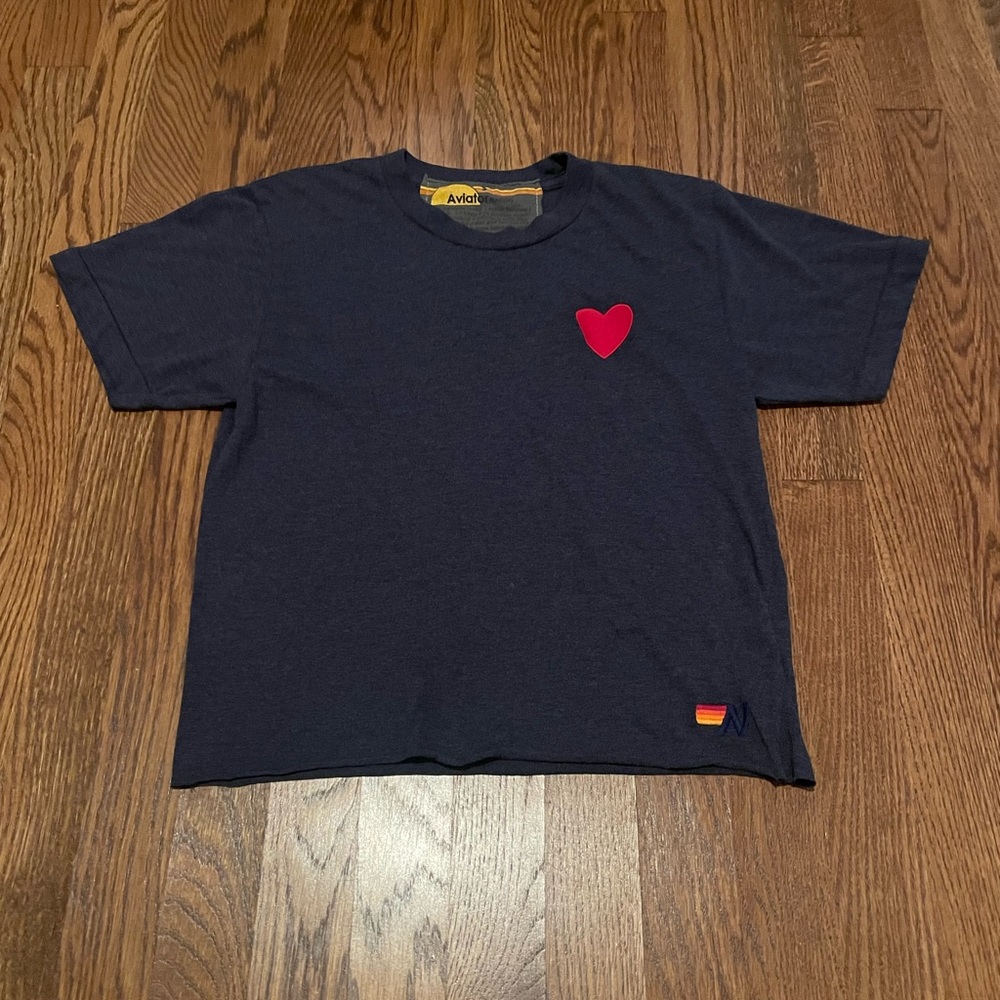 Aviator Nation Heart Embroidery Boyfriend Tee- Navy